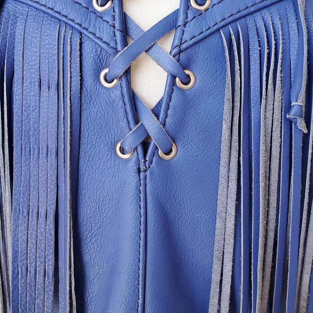 Leather Fringe Jacket Handmade Urban Cowboy Biker Lace Front - Picture 4 of 10